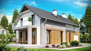Tipski načrt moderne hiše s povišanim kolenčnim zidom in teraso nad garažo