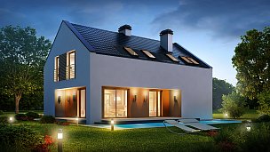 Načrt hiše s privlačnim, modernim dizajnom, z dvokapno streho in zanimivo frčado