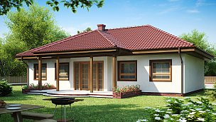 Tipski načrt simetrične, udobne in funkcionalne pritlične hiše s štirikapno streho.