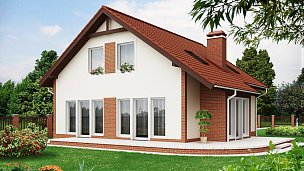 Načrt hiše, enostavne in ugodne za gradnjo, z izkoriščeno mansardo, erkerjem in balkonom