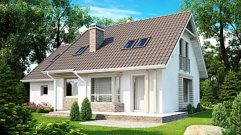 Načrt hiše, enostavne in cenovno ugodne za gradnjo, z mansardo, erkerjem in garažo