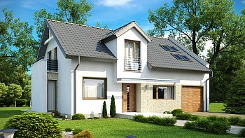 Projekt moderne hiše z bivalno mansardo, s frčado in garažo v okviru hiše