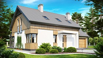 Načrt lepe in komfortne hiša z bivalno mansardo, zimskim vrtom in garažo