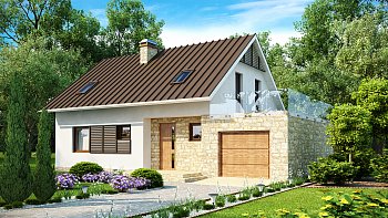 Načrt manjše, kompaktne hiše z mansardo in sobo v pritličju ter teraso nad garažo