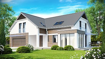 Funkcionalen načrt hiše z bivalno mansardo, prostorne in lepe, z garažo in erkerjem 