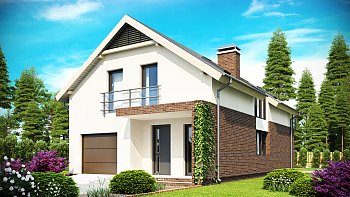 Načrt daljše mansardne hiše z garažo s prednje strani, primerna za ožje parcele.