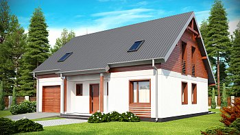 Tipski načrt lepe hiše z garažo in dvokapno streho, primerna tudi za manjše parcele