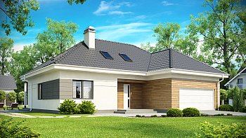 Hiša z bivalno mansardo v obliki črke L, s spalnim delom v pritličju in garažo s prednje strani