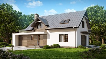 Tipski načrt moderne mansardne hiše z večjo teraso nad garažnim delom