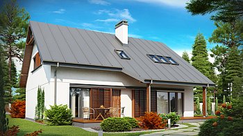 Projekt ekonomične, funkcionalne hiše, z bivalno mansardo in garažo v okviru hiše