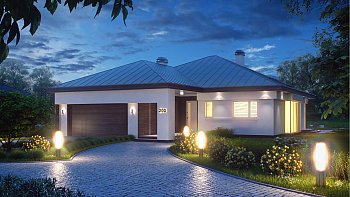 Načrt udobne in prostorne pritlične hiše z garažo za dva avta, locirano s prednje strani