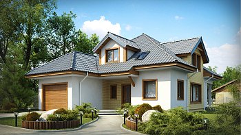 Projekt lepe in prostorne hiše, z garažo s prednje strani in razgibano oblikovano streho