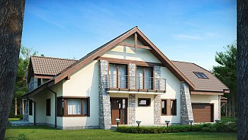 Tipski načrt večje hiše s funkcionalnim notranjim razporedom ter garažo za dva avta