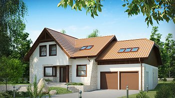 Kompaktna, funkcionalna hiša z mansardo, garažo za dva avta in zanimivimi detalji fasade