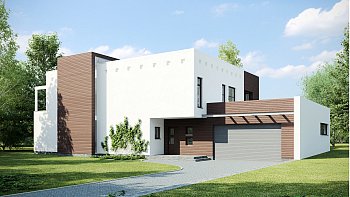 Moderna, kubistična oblika hiše, s teraso in galerijo v nadstropju ter garažo za dva avta.