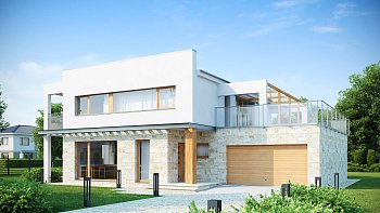 Projekt hiše moderne arhitekture z enokapno streho, garažo in prelepo teraso