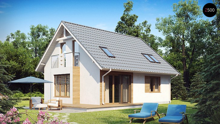 Z101. Tipski projekt manjše hiše z dodatno sobo v pritličju, večjo kurilnico in erkerjem