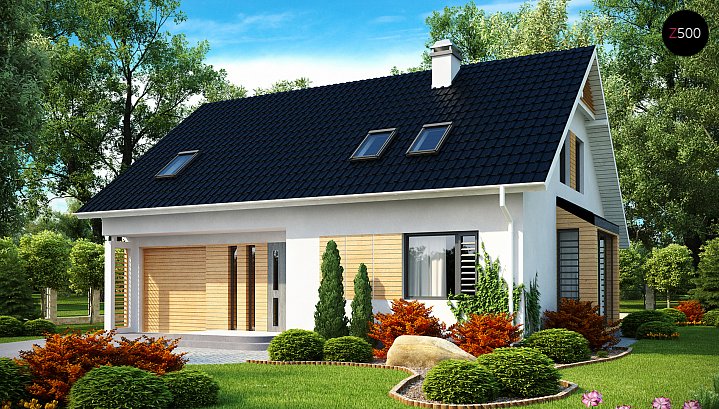 Z124. Načrt kompaktne hiše z garažo in eksterjerjem, cenovno ugodna za gradnjo in življenje v njej.