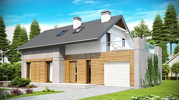 Z149. Tipski načrt moderne hiše s povišanim kolenčnim zidom in teraso nad garažo