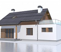 Verzija projekta z enojno garažo z leve strani in teraso nad njo, drugačen razpored prostorov