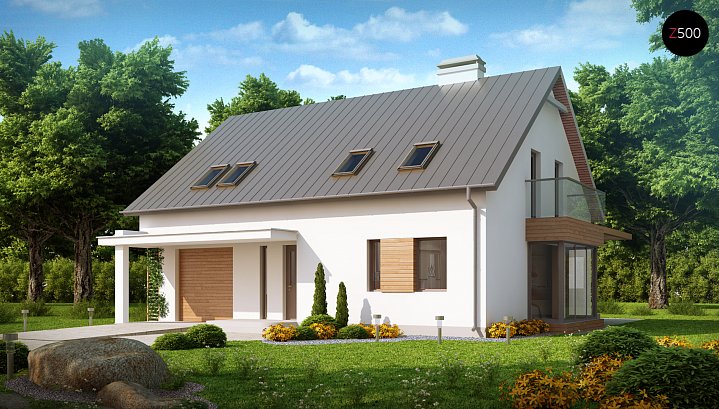Z234. Projekt hiše z dvokapno streho, lepo oblikovane, s tremi sobami in garažo za en avto