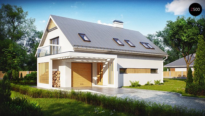 Z235. Projekt moderne hiše z bivalno mansardo in garažo v okviru hiše, z dvokapno streho