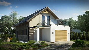 Lepa hiša enostavnih linij, z dvokapno streho, za ožje parcele in garažo s prednje strani.