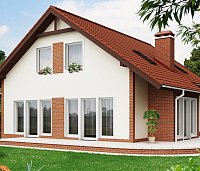 Načrt hiše, enostavne in ugodne za gradnjo, z izkoriščeno mansardo, erkerjem in balkonom