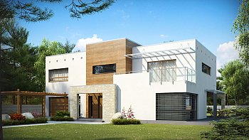 Zx15. Moderna vila, z enokapno streho, terasama v nadstropju in velikimi steklenimi površinami