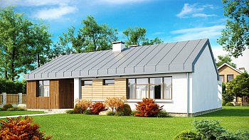 Zx17. Tipski projekt funkcionalne pritlične hiše z dvokapno streho, moderne arhitekture. 