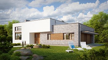 Zx34. Tipski projekt moderne hiše z enokapno streho, prostorno dnevno sobo in teraso