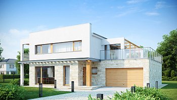 Zx5. Projekt hiše moderne arhitekture z enokapno streho, garažo in prelepo teraso